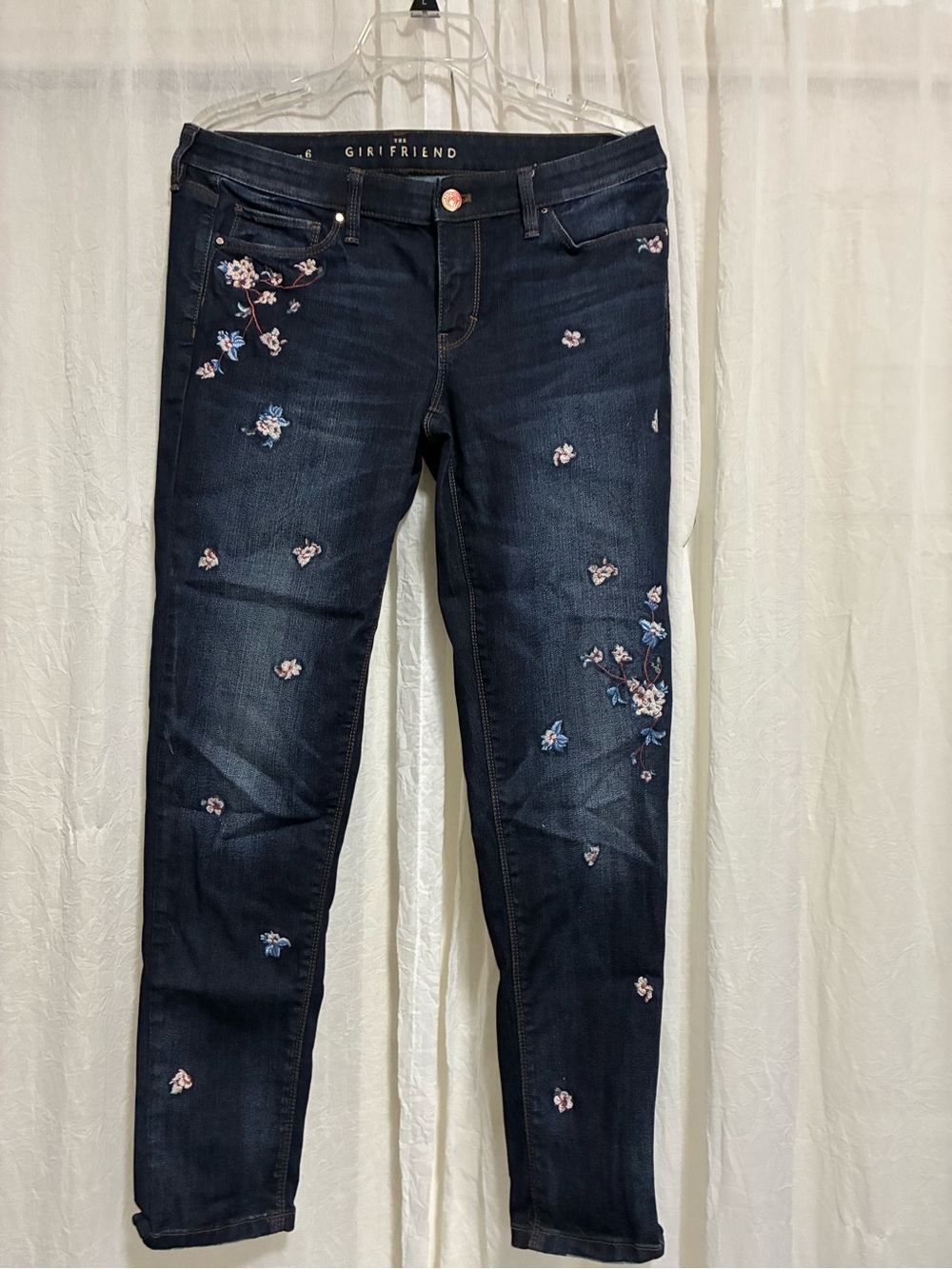 girlfriend collective Dark Blue Skinny Jeans with Floral Embroidery